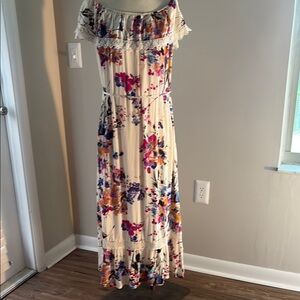 Umgee Cream Floral Off-Shoulder Flutter Sleeve Maxi Dress